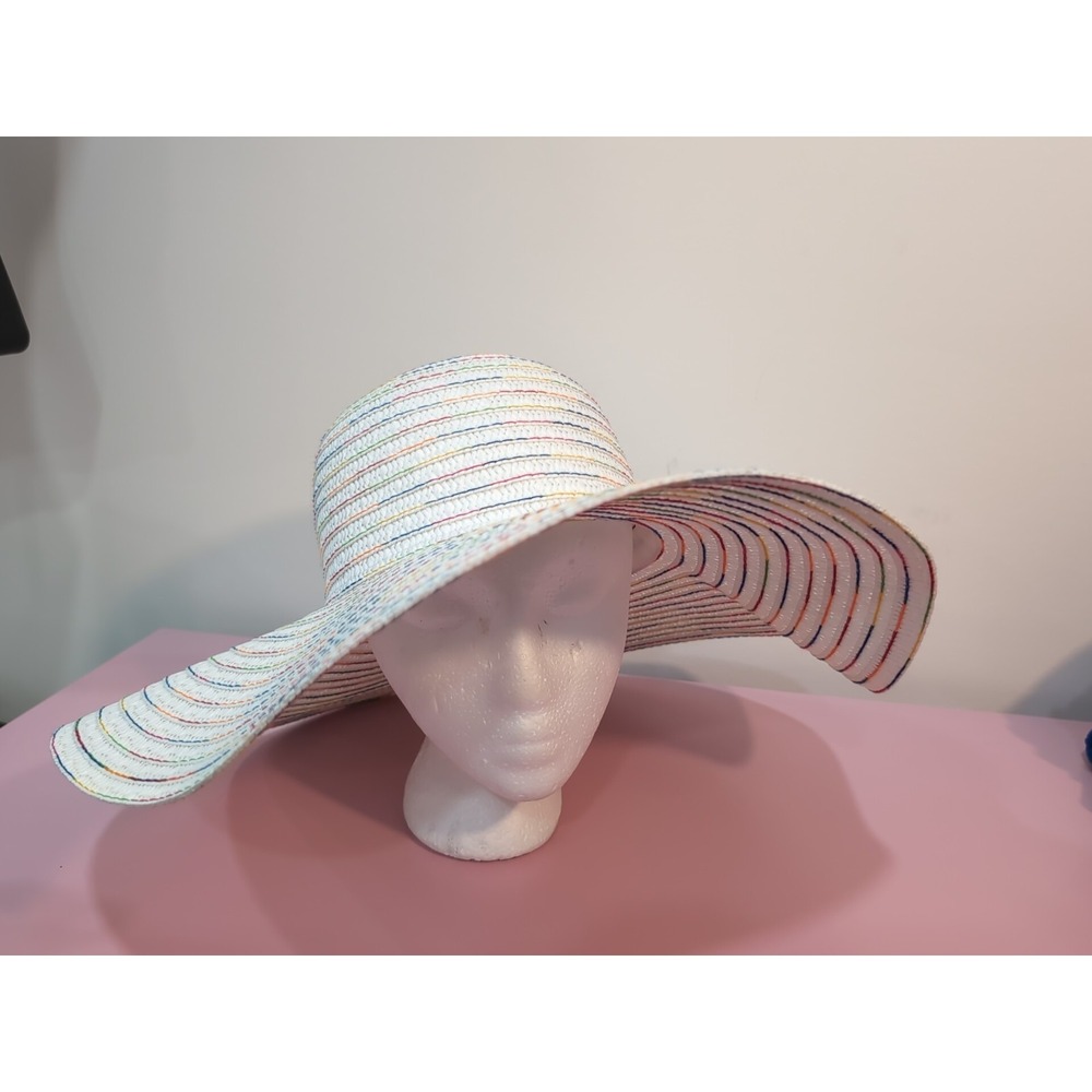 Tahari White Wide Brimmed Sun Hat Featuring Woven Pastel Stripes Summer Vacation